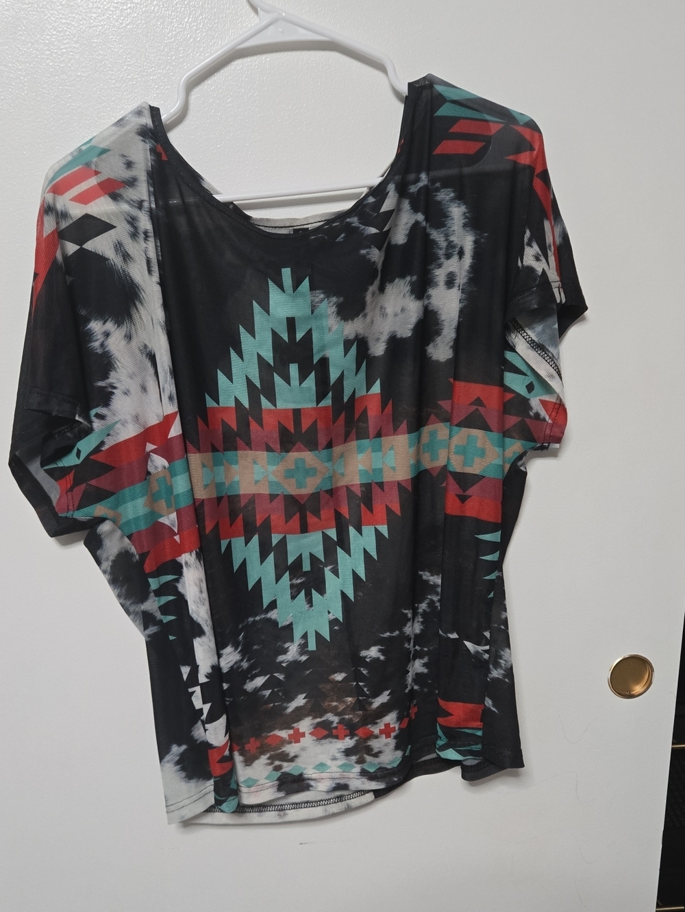 Sterling Keeek Women's Black Aztec Print Short Sleeve Top - Turquoise & Red XS